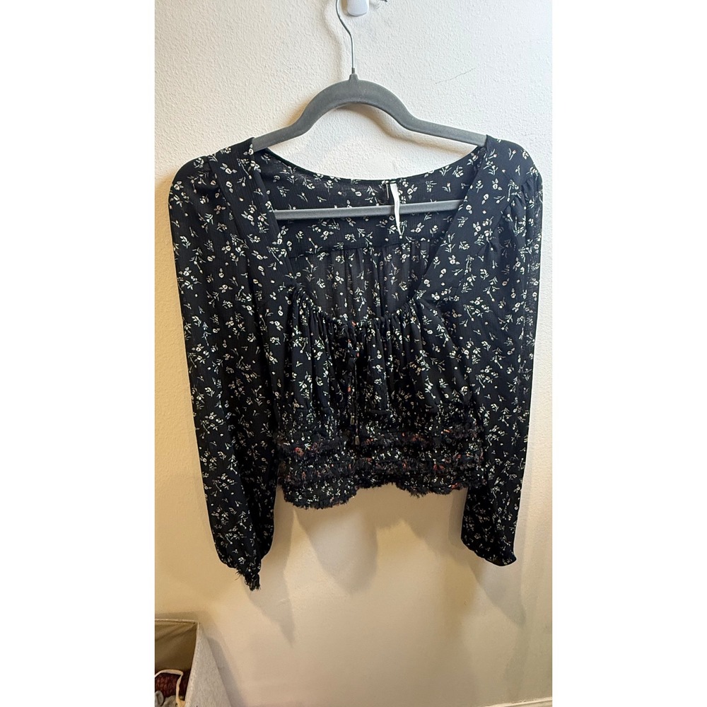 Free People Black Floral Smocked Lace Up Long Sleeve Crop Top Medium